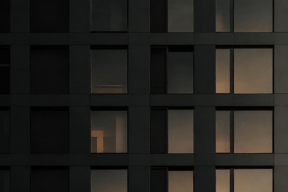Grid of building windows at dusk